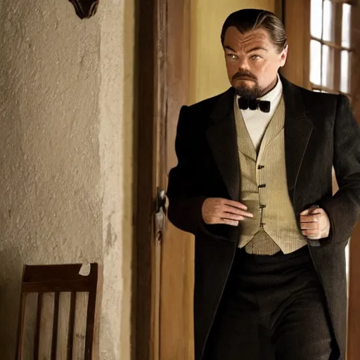 Prompt: Leonardo DiCaprio as evil landlord in Django, Hollywood movie still, sharp