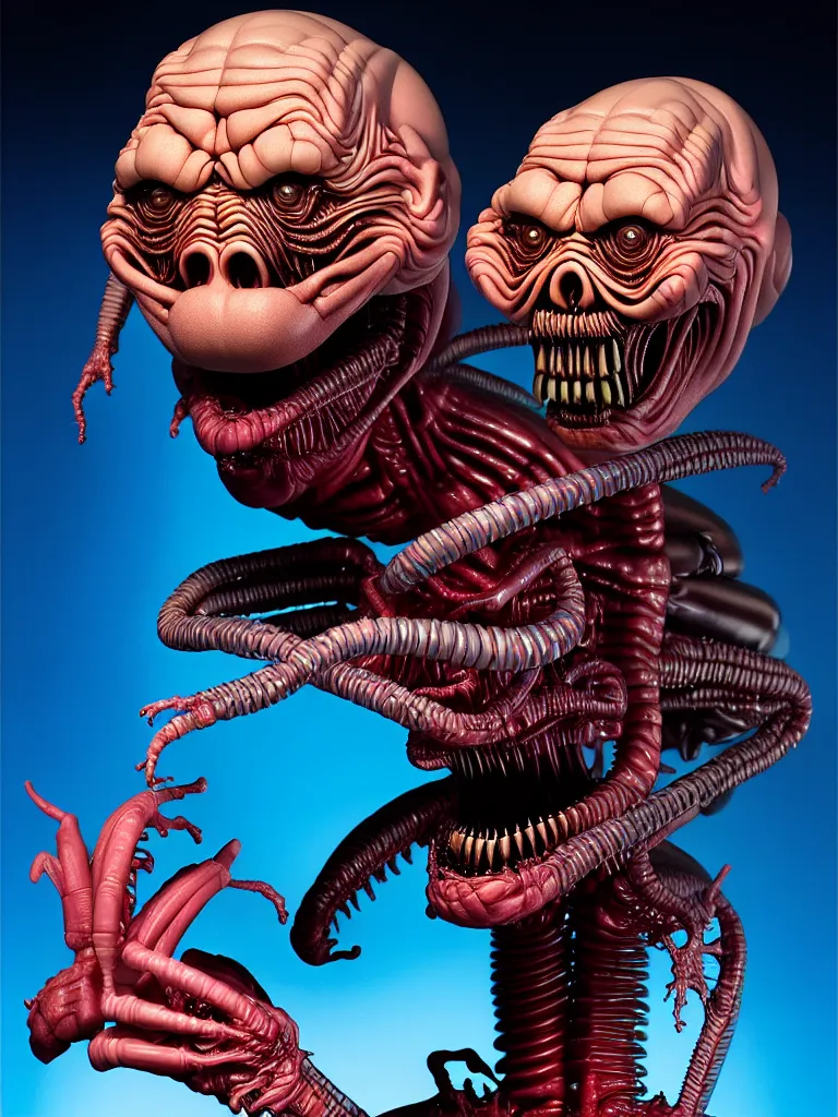 Image similar to hyperrealistic rendering fat smooth of john carpenter's they live alien by bernie wrightson and killian eng and joe fenton, product photography, action figure, sofubi, studio lighting, colored gels, colored background