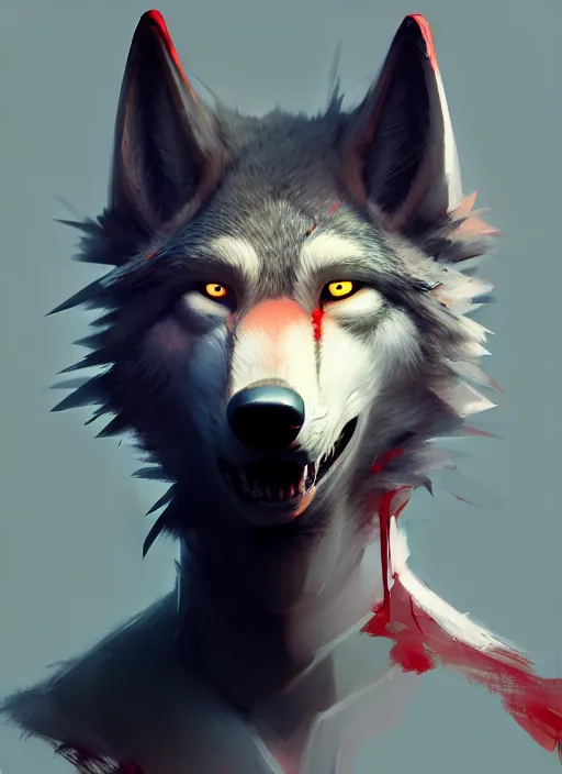 Image similar to award winning portrait of a male anthropomorphic dark gray wolf red hair. character design by cory loftis, fenghua zhong, ryohei hase, ismail inceoglu and ruan jia. artstation, artistic lighting, highly detailed, photorealistic, fantasy