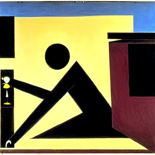 Image similar to melancholic complex suprematism painting of mechanic formed figure working on an sphere machine in height by malevich, throwing hard long shadows in complex construct room by oskar schlemmer, edward hopper vibe, liminal space, oil on canvas