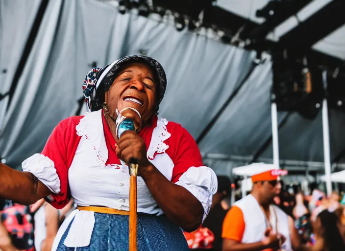 Prompt: photo still of aunt jemima in period attire at vans warped tour!!!!!!!! at age 4 0 years old 4 0 years of age!!!!!!! on stage pouring maple syrup on the crowd, 8 k, 8 5 mm f 1. 8, studio lighting, rim light, right side key light