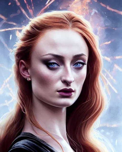 Image similar to Sophie Turner in an elegant black silk dress casting a fire spell, fire reflection in eyes, extreme close-up, deep focus, D&D, fantasy, intricate, elegant, highly detailed, digital painting, artstation, concept art, matte, sharp focus, illustration, hearthstone, art by Artgerm and Greg Rutkowski and Alphonse Mucha