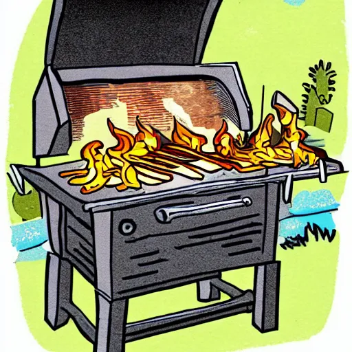 Prompt: cartoon of a pet rabbit sweating scared by the bbq grill