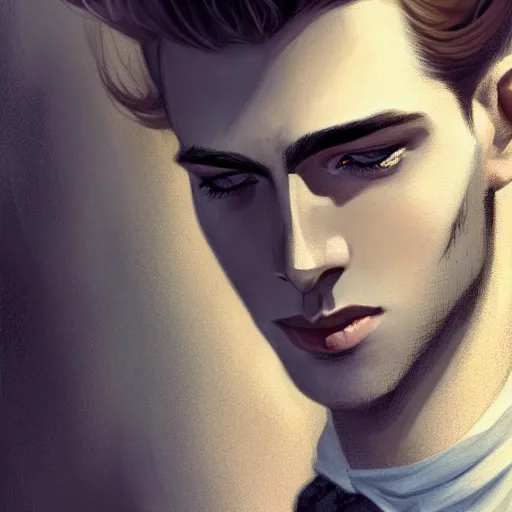 Image similar to tall man in his twenties with brown blond short quiff hair and round facial structure with cleft chin, straight eyebrows, slightly smiling, cheekbones, wide face, shadow of beard, atmospheric lighting, painted, intricate, 4 k, highly detailed by charlie bowater