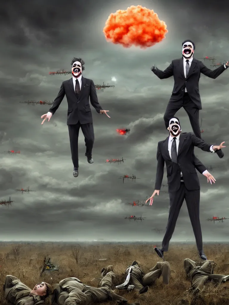 Image similar to a Comedian in suit and tie performing in a battle field with smiling dead bodies on the ground, comedian is funny, performing to dead soldiers, nuclear bomb cloud in far horizon, apocalypse, trending on artstation, artstationHD, hyperdetailed matte painting, highly detailed, digital painting, hyper-realistic, realistic, photo-realistic