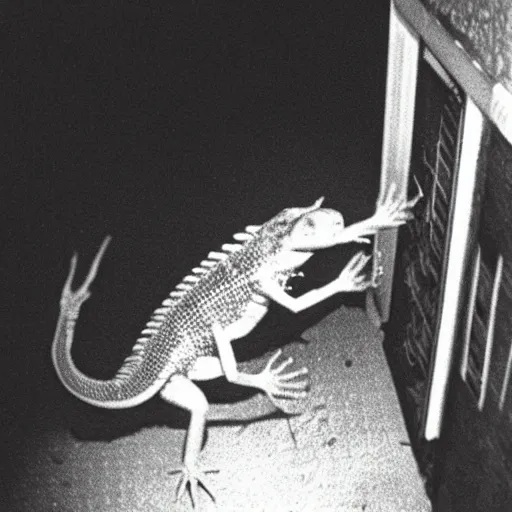 Image similar to “Horrific scrawny cryptid mutant reptilian axolotl escaping from a lab, leaked cctv footage, black and white, night.”