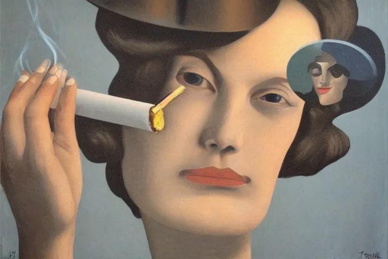 Image similar to a lit joint lying in an ashtray, slow, smoke in the shape of a woman's face, surreal, magritte