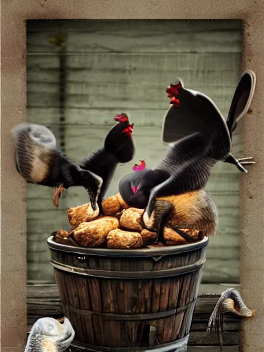 Prompt: 3 blindfolded mice eating chicken legs from a barrel, high detail, character, 3D, dark dull colors, photo realistic,