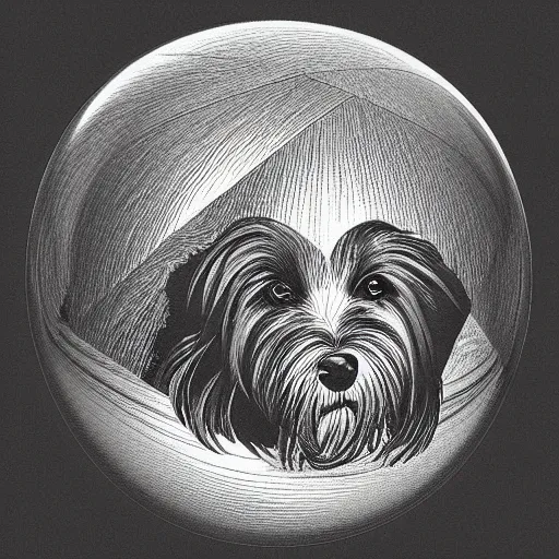 Image similar to self portrait of a havanese dog reflecting into a chrome sphere, pen on paper, by mc escher