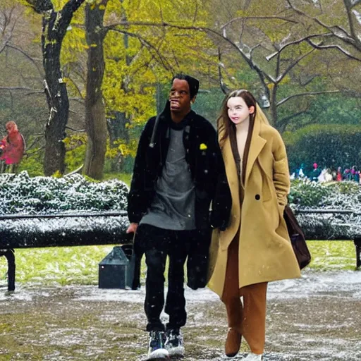 Image similar to travis scott dating anya taylor joy in central park at winter, symmetry photorealistic, dynamic light, ultra detailed, paparazzi photo