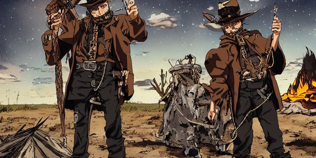 Image similar to rugged bandit ( ( alone ) ) in the old west, handcuffed by shackles at a campfire, cinematic, dark, grim, starry sky, in the style of trigun anime