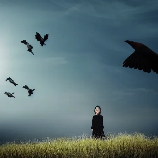 Prompt: pastoral eerie. woman in meadow. ravens flying. sun low in sky. realistic