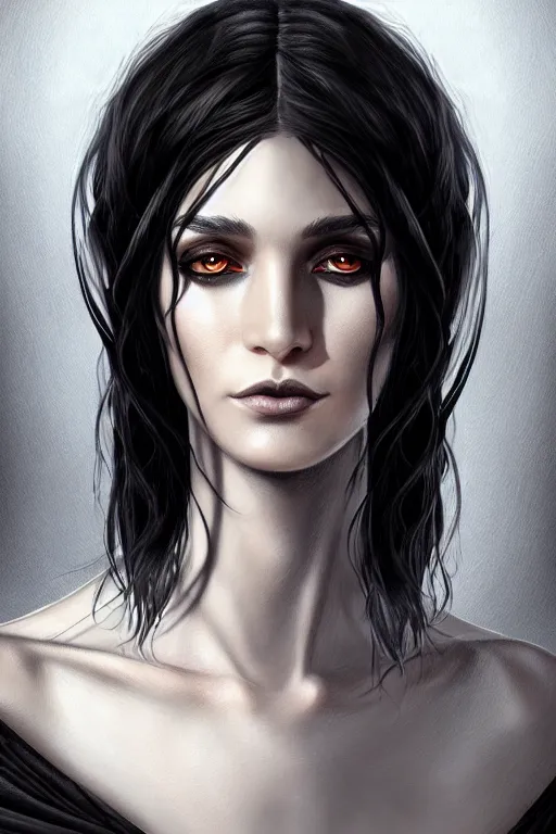 Image similar to ultra realistic style illustration of an androgynous gorgeous witch with shoulder length black hair pale skin and beautiful eyes, headshot, sci - fi, fantasy, intricate, elegant, highly detailed, digital painting, artstation, concept art, smooth, sharp focus, illustration, 8 k frostbite 3 engine, ultra detailed