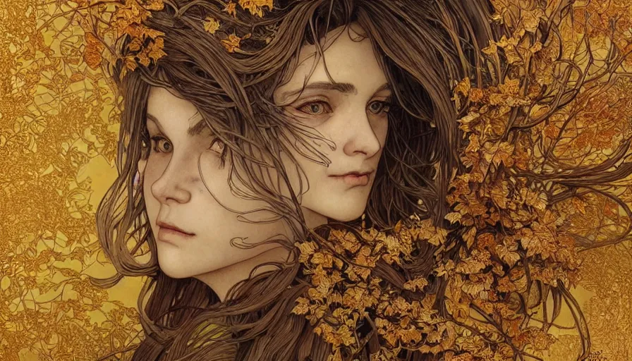 Image similar to golden leaves at frame border, creative!!! composition for a book cover!!!, absurdly beautiful, ultrafine hyperrealistic detailed old!! witch face by wlop and alphonse mucha and greg rutkowski, intricate linework, sharp focus, smooth, octopath traveler, final fantasy, unreal engine, dramatic lighting, ethereal, 8 k