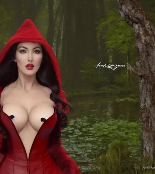 Prompt: film still of Monica Bellucci as snow white ,red hat, fur coat, leather top in a forest by a pond with frogs, by artgerm, makoto sinkai, magali villeneuve, Gil Elvgren, Earl Moran,Enoch Bolles, symmetrical,