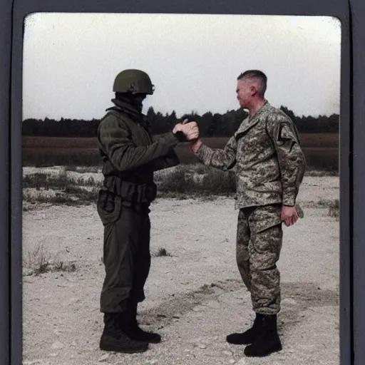 Prompt: old polaroid depicting a handshake between a us military general and a grey alien, at a clearing, at dusk