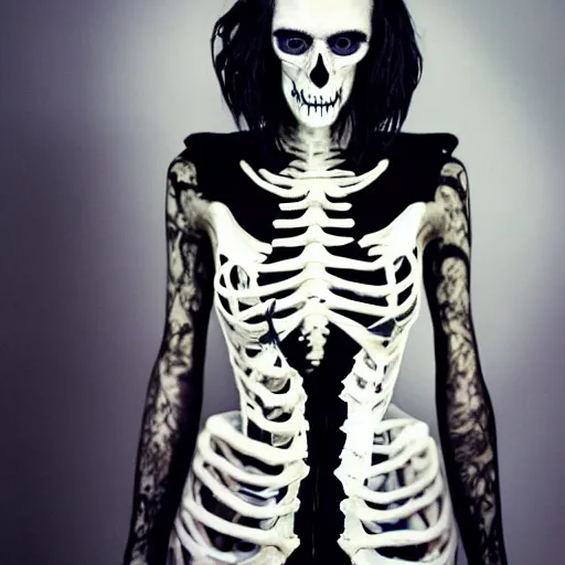 Prompt: a portrait of a scrawny teenage girl with short black hair and black irises. black and white skull facepaint. pointed face. black robes, corset of rib bones, femme-androgynous. surrounded by skeletons. holding a skull. black white and light blue color scheme, oil painting, matte painting, black background, Highly Detailed, Cinematic Lighting, Unreal Engine, 8k, HD, by Beksinski