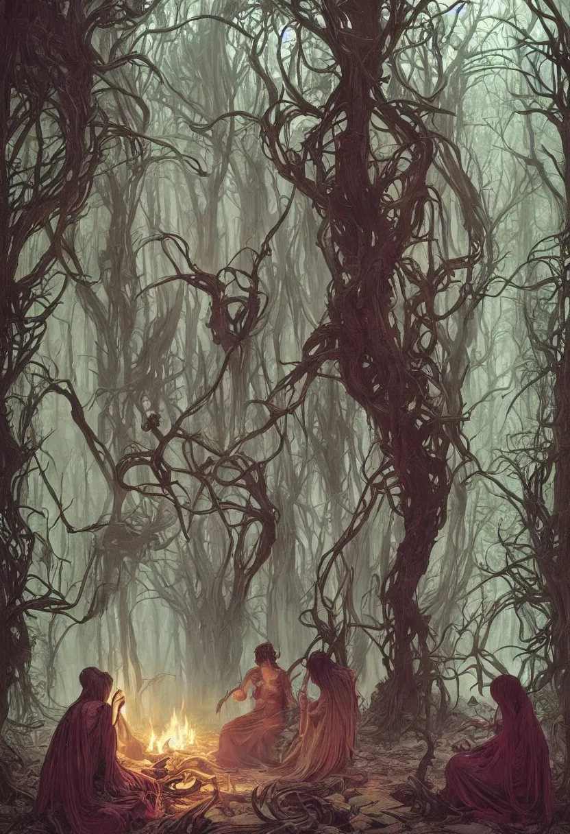 Prompt: magic the gathering card of a group of beautiful women having a seance in a spooky forest, by greg rutkowski and raymond swanland hr giger and zdzislaw beksinski and alphonse mucha and moebius, matte painting, hyperdetailed, symmetry, art nouveau, beautiful render, concept art