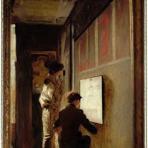 Image similar to a young man and a young woman solving an escape room puzzle, mysterious markings on the wall, by alfred stevens