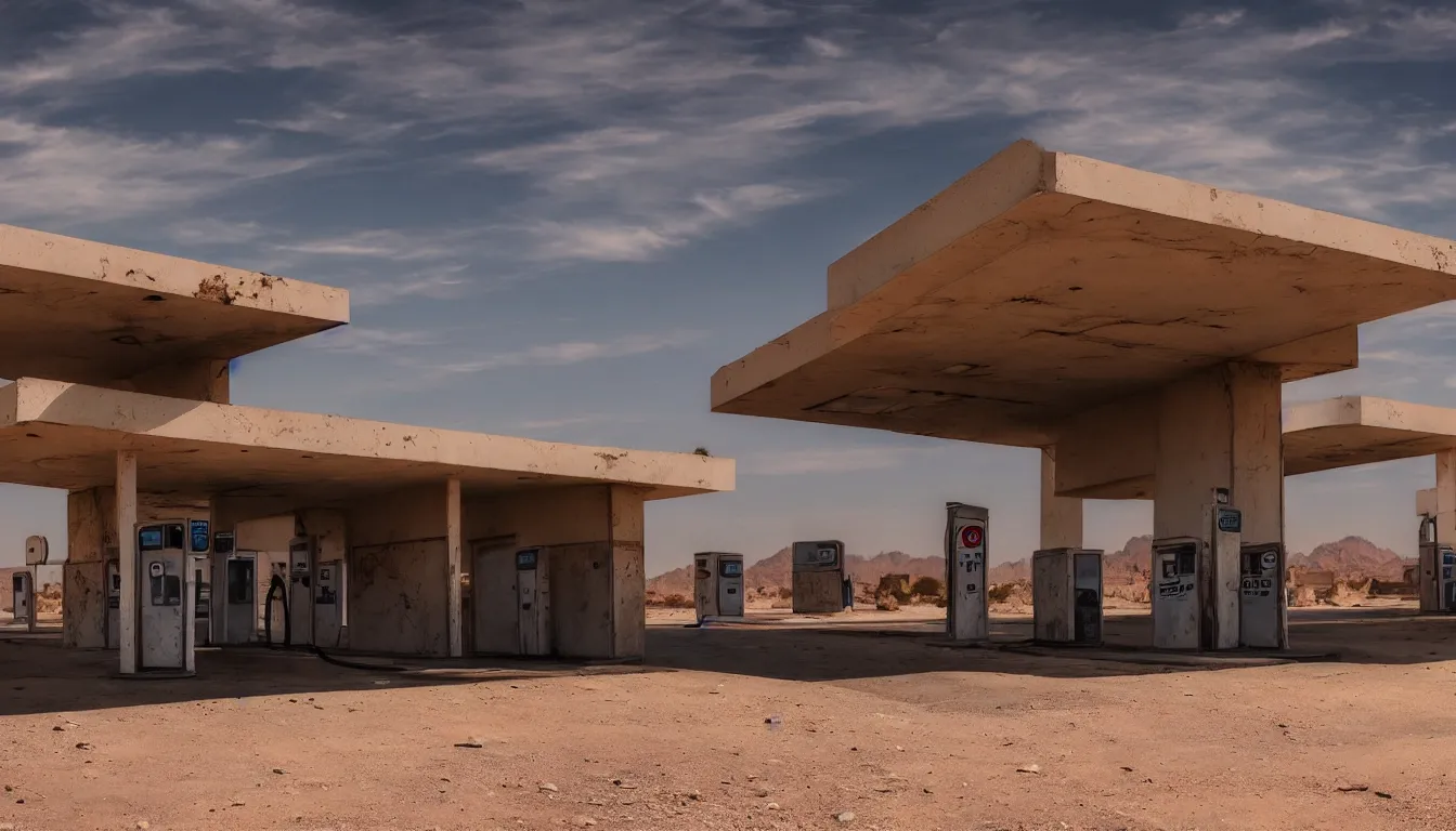 Image similar to abandoned gas station in middle of desert, ambient, futuristic, glowing, very detailed, colourfull, 4 k