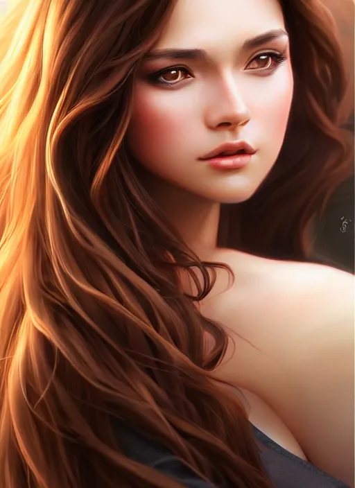 Image similar to a gorgeous female with long brown hair in the style of stefan kostic, realistic, full body shot, wide angle, sharp focus, 8 k high definition, insanely detailed, intricate, elegant, art by stanley lau and artgerm, floating embers