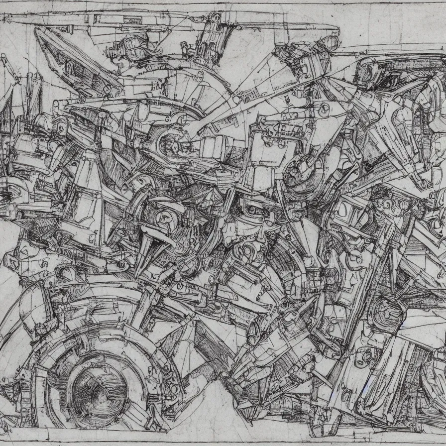 Prompt: leonardo da vinci intricate full page scan of detailed drawing diagram of a battle mech, sketch ink style on old parchment, HD scan, detailed