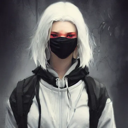 Image similar to very cool girl white hair girl with mask, streetwear, techwear, cyberpunk style outfit, full body, nose piercing, detailed portrait, intricate complexity, by greg rutkowski, cushart krentz, artgerm, ross tran, conrad roset, takato yomamoto, ilya kuvshinov. 4 k, beautiful, cinematic dramatic atmosphere