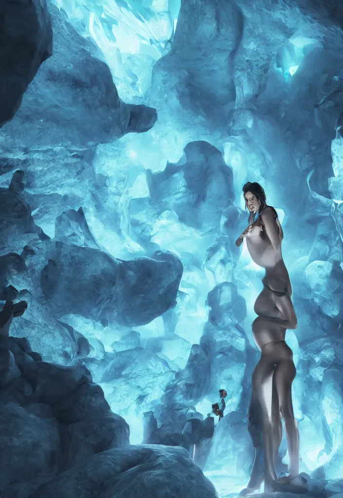 Image similar to epic leader pregnant woman talking to all her tribe with futuristic fluorescence mutant veins, proud people looking at the pregnant woman, ice cave, facinating, fantasy digital art, octane render, beautiful composition, trending on artstation, coherent, masterpiece, photorealistic