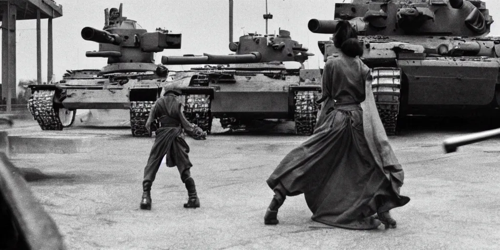 Prompt: modern chicago streets, elegant female samurai ninja with sword, open back dress, wide hakama trousers, approaches a military tank ww 2 mecha, by akira kurosawa, black and white, cinematography, movie,