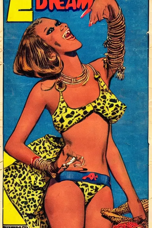 Image similar to !dream african bikini girls, vintage 70s comic cover