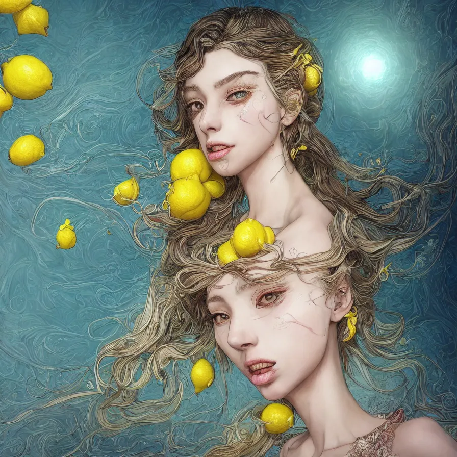 Image similar to the portrait of a sensual lemon personified as an absurdly beautiful, graceful, elegant, sophisticated, young woman made up of lemons, an ultrafine hyperdetailed illustration by kim jung gi, irakli nadar, intricate linework, bright colors, octopath traveler, final fantasy, unreal engine 5 highly rendered, global illumination, radiant light, detailed and intricate environment