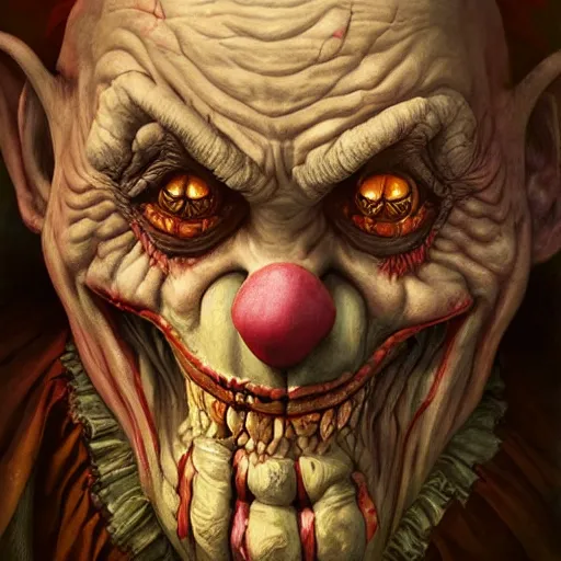 Image similar to digital painting of a wrinkled old scary clown by filipe pagliuso and justin gerard, fantasy, highly, detailed, realistic, intricate