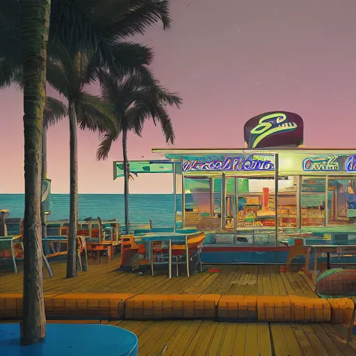 Prompt: inside beachfront fast food restaurant with palm trees by simon stalenhag