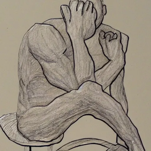 Image similar to scratch sketch of The thinker sculpture in the style of William Bartram with mushrooms at the base