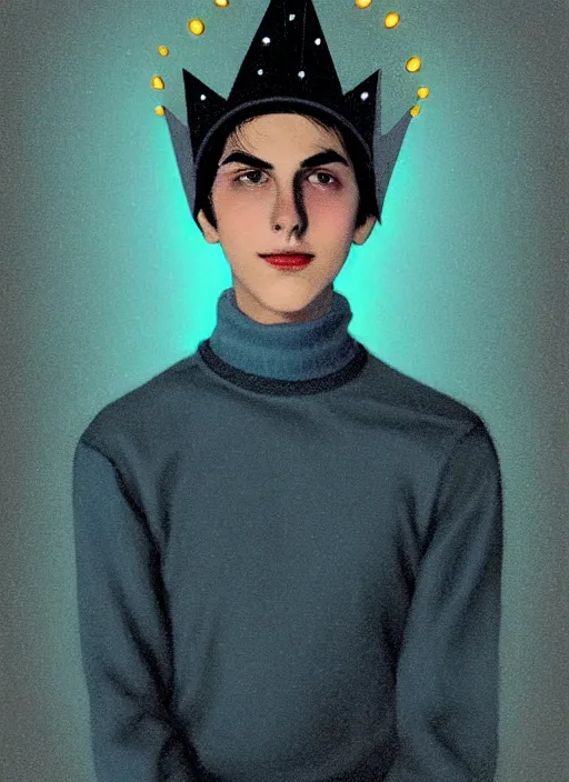 Image similar to portrait of teenage jughead jones wearing a light grey crown, crown, blue turtleneck, 1 9 5 0 s, closed eyes, photorealistic, black hair, glowing lighting, intricate, elegant, glowing lights, highly detailed, digital painting, artstation, concept art, smooth, sharp focus, illustration, art by wlop, mars ravelo and greg rutkowski