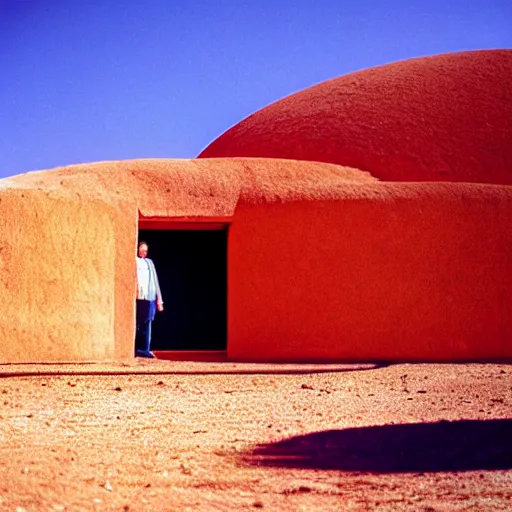 Prompt: a man standing outside a Non-Euclidean orb-like clay house sitting in the desert, vintage photo, beautiful cinematography, blue sky, film grain, James Turrell