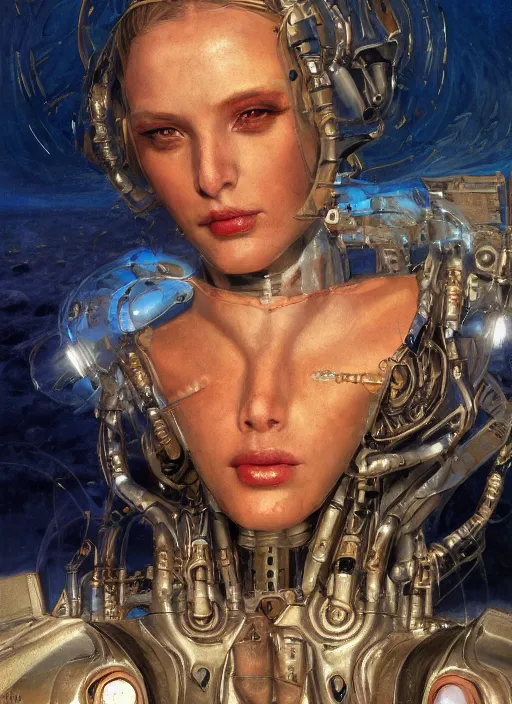 Prompt: biblical shy beautiful female mage android robot spells, heavy eyes to the side, closeup, bright glowing veins, in clouds, sunset, portrait, by gerald brom, by mikhail vrubel, by peter elson, muted colors, extreme detail, reflections, trending on artstation, 8 k