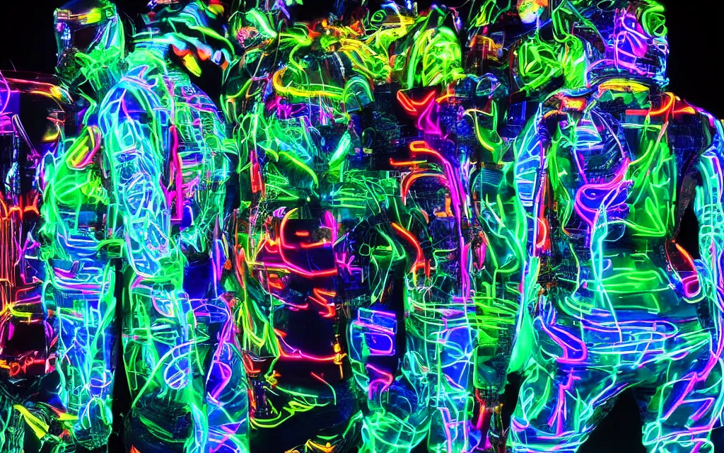 Image similar to love, diverse neon cybersuits, from behind, wide wide angle, vivid, elaborate, highly detailed, beautiful lighting