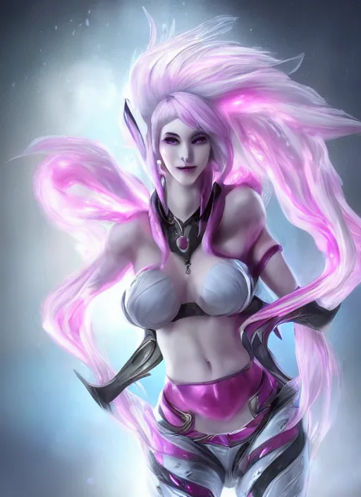 Prompt: smiling syndra, from league of legends, white hair, pink magic, hyper detailed, digital art, au naturel, with abs, trending in artstation, cinematic lighting, studio quality, smooth render, unreal engine 5 rendered, octane rendered, art style by klimt and nixeu and ian sprigger and wlop and krenz cushart