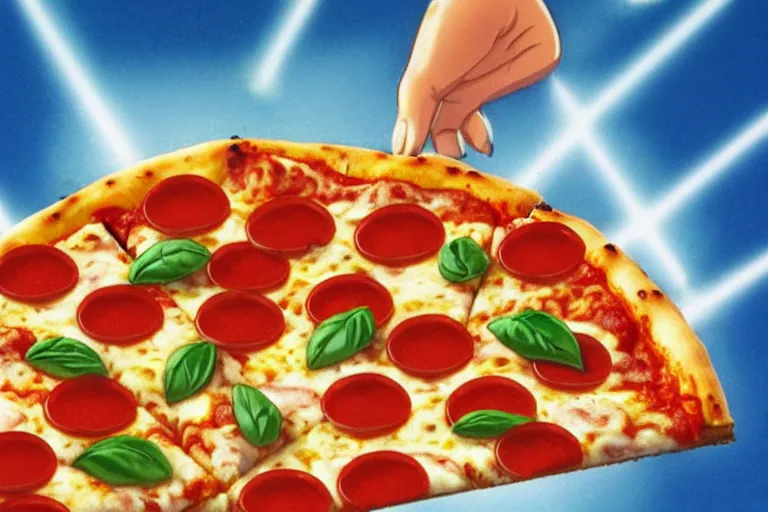 Image similar to pizza, 80s, advertisement, anime, anime, anime, anime, explosion
