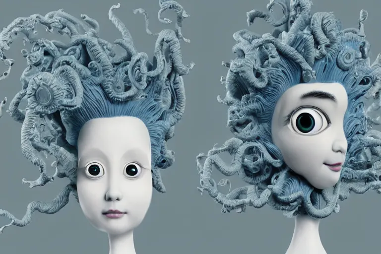 Image similar to 3 d full head and shoulders beautiful white porcelain woman with big eyeballs all through her hair, ornate detailed hair, 3 d swirling hair by theodor seuss geisel and daniel arsham and xiang duan, simon stalenhag john waters, dr seuss kim jung gi, on a white background