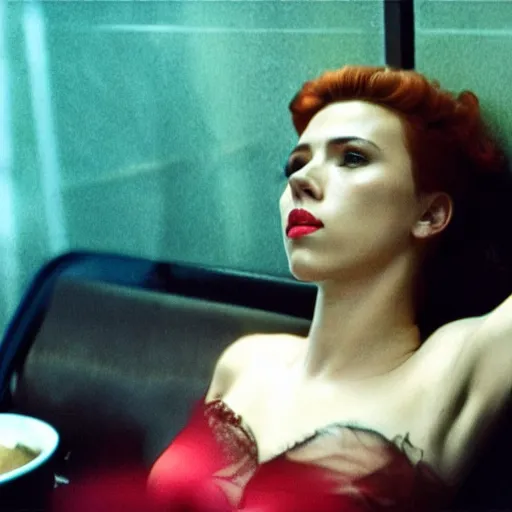Image similar to intimate movie still of scarlett johansson in wong kar wai fallen angels