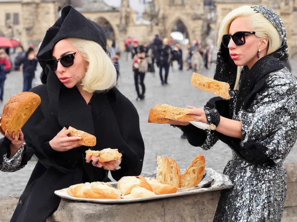 Image similar to Lady Gaga eating bread on Charles Bridge