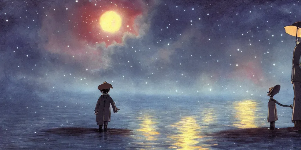 Image similar to a realistic and atmospheric cell - shaded concept art from howl's moving castle ( 2 0 0 4 ) of a multi - colored ufo. a man with an umbrella is standing in a boat in a flooded alleyway. it is a misty starry night. very dull colors, hd, 4 k, hq