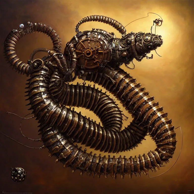 Image similar to steampunk robot millipede, unreal engine realistic render, 8 k, micro detail, intricate, elegant, highly detailed, centered, digital painting, artstation, smooth, sharp focus, illustration, artgerm, tomasz alen kopera, peter mohrbacher, donato giancola, joseph christian leyendecker, wlop, boris vallejo