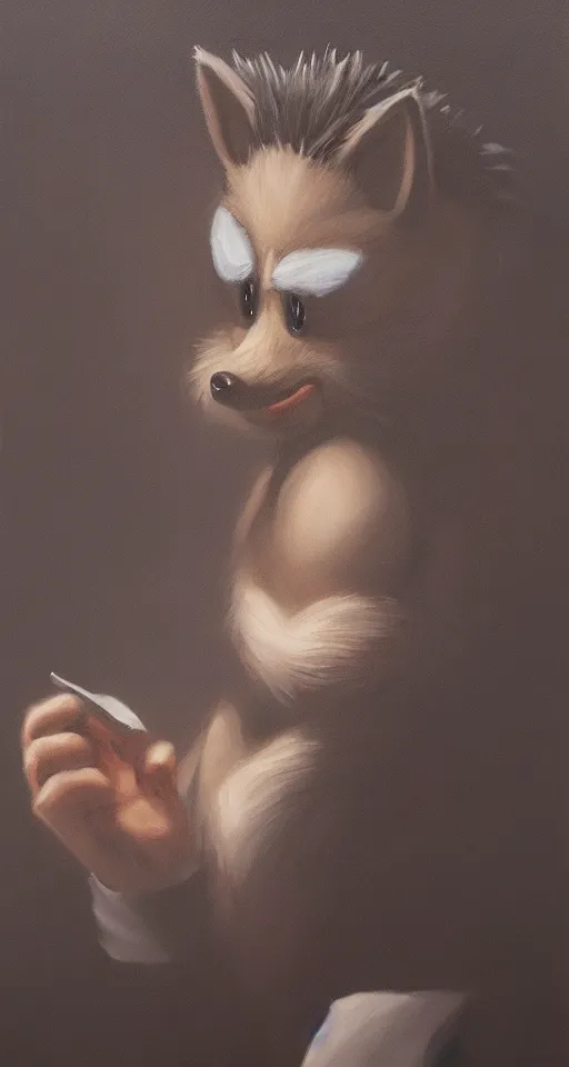 Prompt: studious portrait painting of sonic the hedgehog, chiaroscuro, elegant highly detailed oil painting 4 k, archival scan