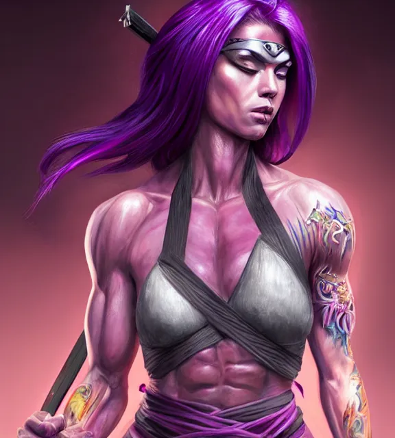 Image similar to muscular female warrior holding hilt of katana, perfect face, diadem, detailed neon tattoos, black halter top, purple hair, abs, cinematic, blush, stunning, athletic, strong, agile, highly detailed, psychedelic, digital painting, artstation, smooth, hard focus, illustration, art by jessica rossier and and brian froud