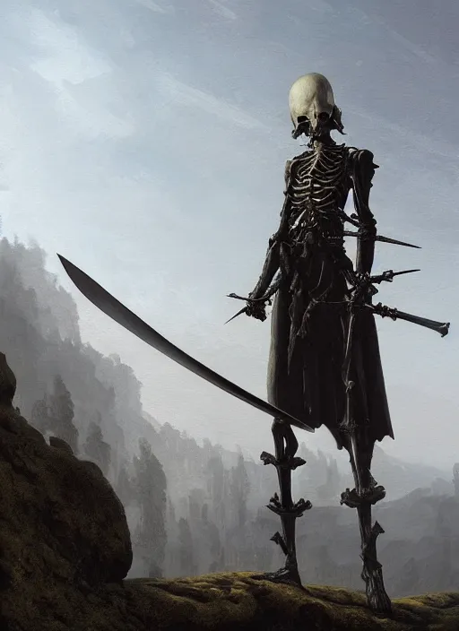 Image similar to long sword, black skeleton sword guard, by caspar david friedrich by james gilleard and justin gerard, artstation, smooth, sharp focus, by jean baptiste, octane render