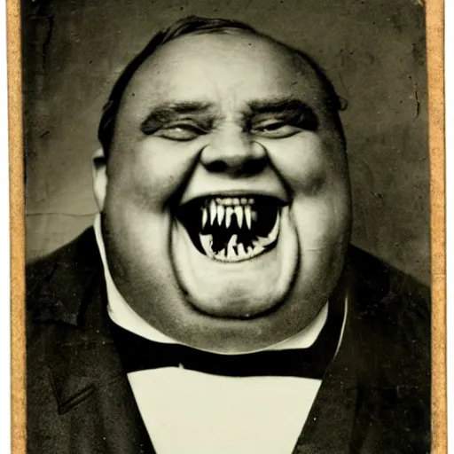 Prompt: antique photograph of an evil catholic priest, cracked and faded photo paper, morbidly obese, crazy eyes wide open, horror, staring at the camera, evil smile, sharp teeth, headshot, dark background, low light, dark