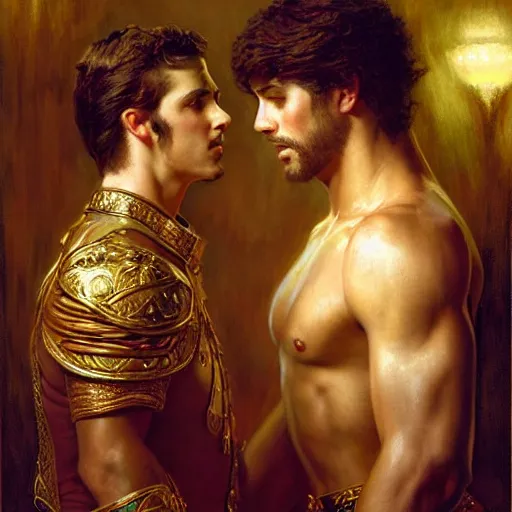 Image similar to attractive fully clothed king confesses his love for his attractive fully clothed male prince. highly detailed painting by gaston bussiere, craig mullins, j. c. leyendecker 8 k